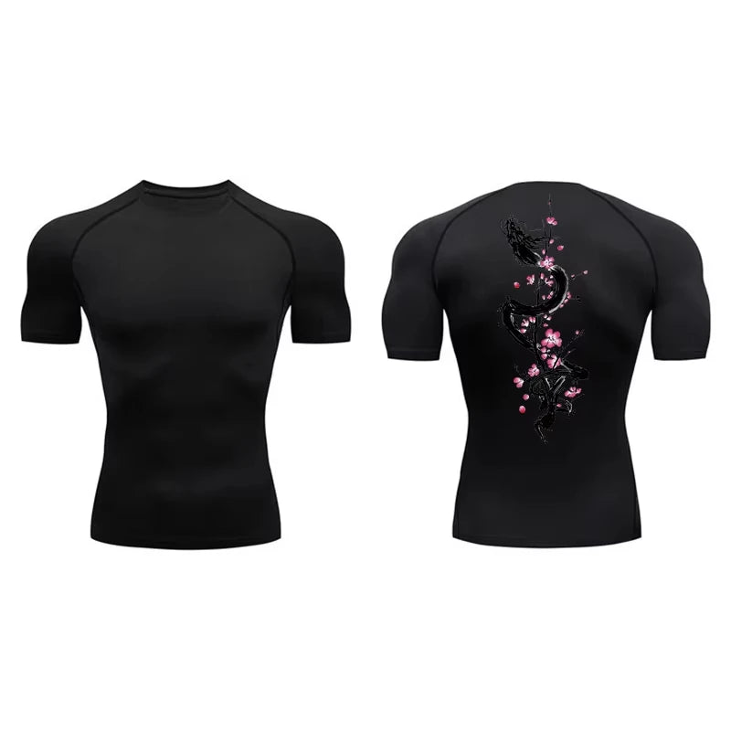 Dragon Print Short Sleeve Compression Shirts for Men Summer Athletic Quick Dry T-shirts Gym Workout Running Tees RL00200