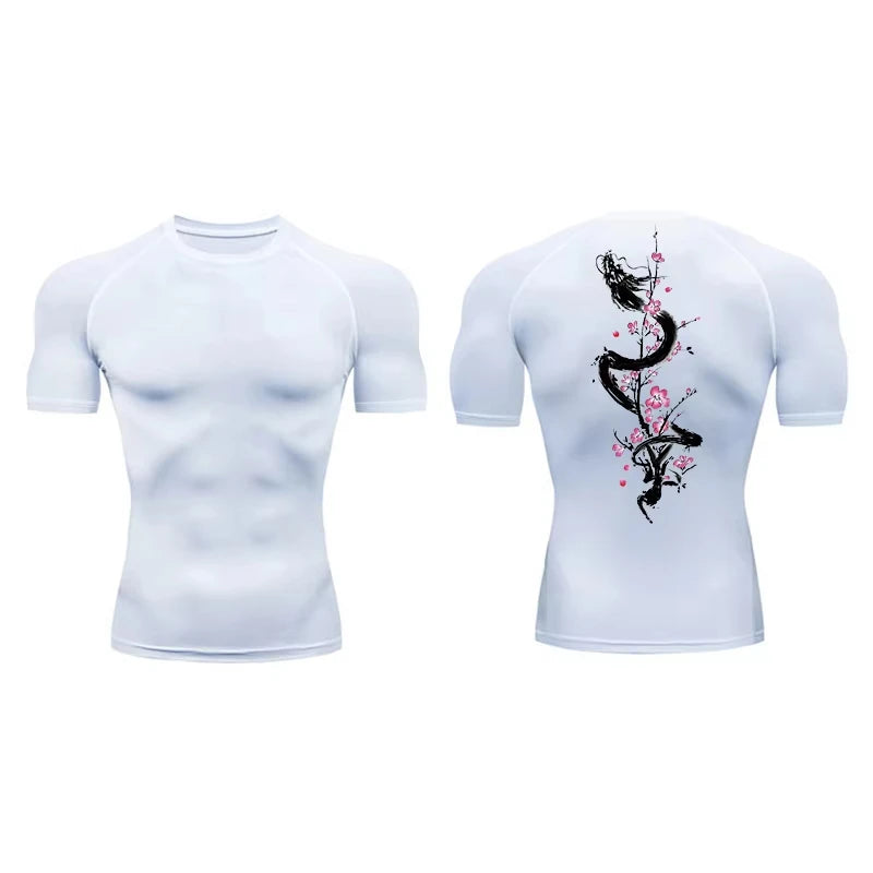 Dragon Print Short Sleeve Compression Shirts for Men Summer Athletic Quick Dry T-shirts Gym Workout Running Tees RL00200