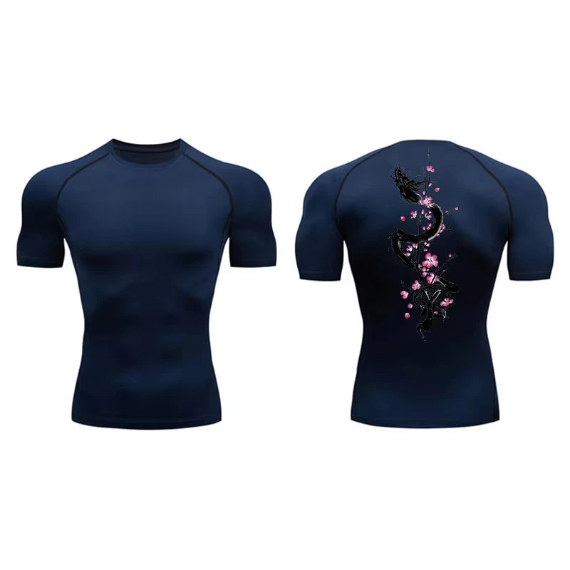 Dragon Print Short Sleeve Compression Shirts for Men Summer Athletic Quick Dry T-shirts Gym Workout Running Tees RL00200