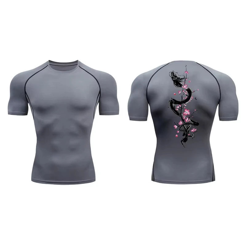 Dragon Print Short Sleeve Compression Shirts for Men Summer Athletic Quick Dry T-shirts Gym Workout Running Tees RL00200